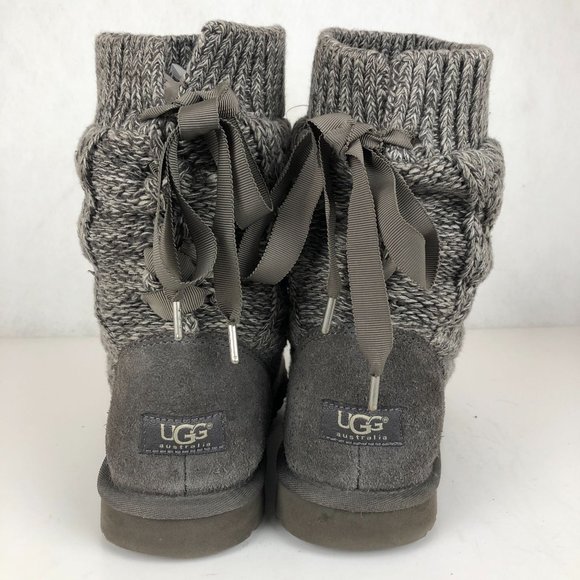 UGG Women's Size 9 Isla Grey Cable Knit Sweater Lace-Up Ankle Booties Boots - Picture 6 of 12